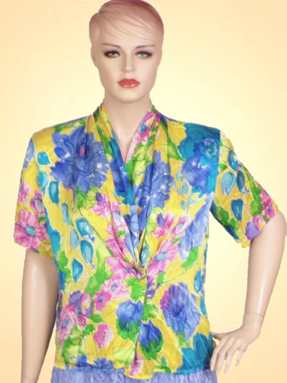 SILK! ANN MAY size L multicolor floral half-sleeve blouse 100% silk